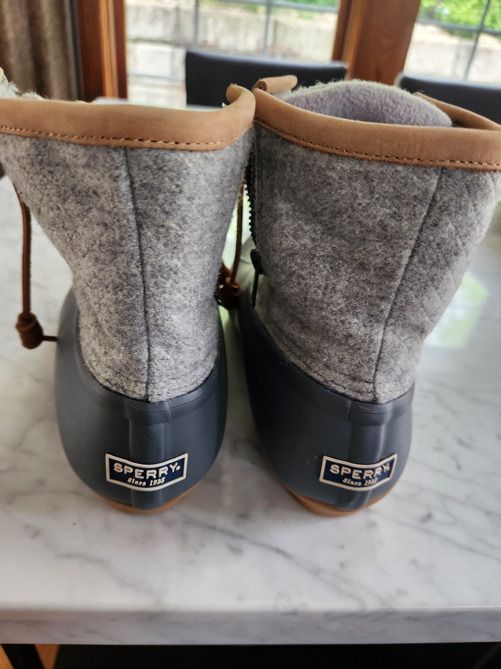 Sperry 2 Tone Gray Felt Waterproof Boots with Tan Trim, LIKE NEW.